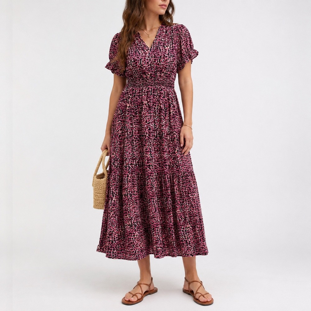 PrettyGarden Womens Pink Black Abstract Print Smocked Waist Maxi Dress Small NEW